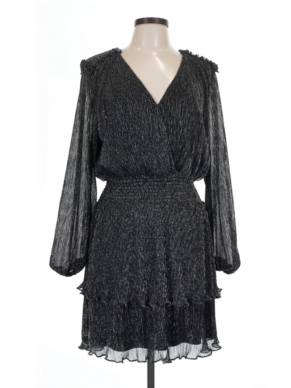Parker Brianna Silver Black Metallic V-Neck Cocktail Mini Dress - Size Small
